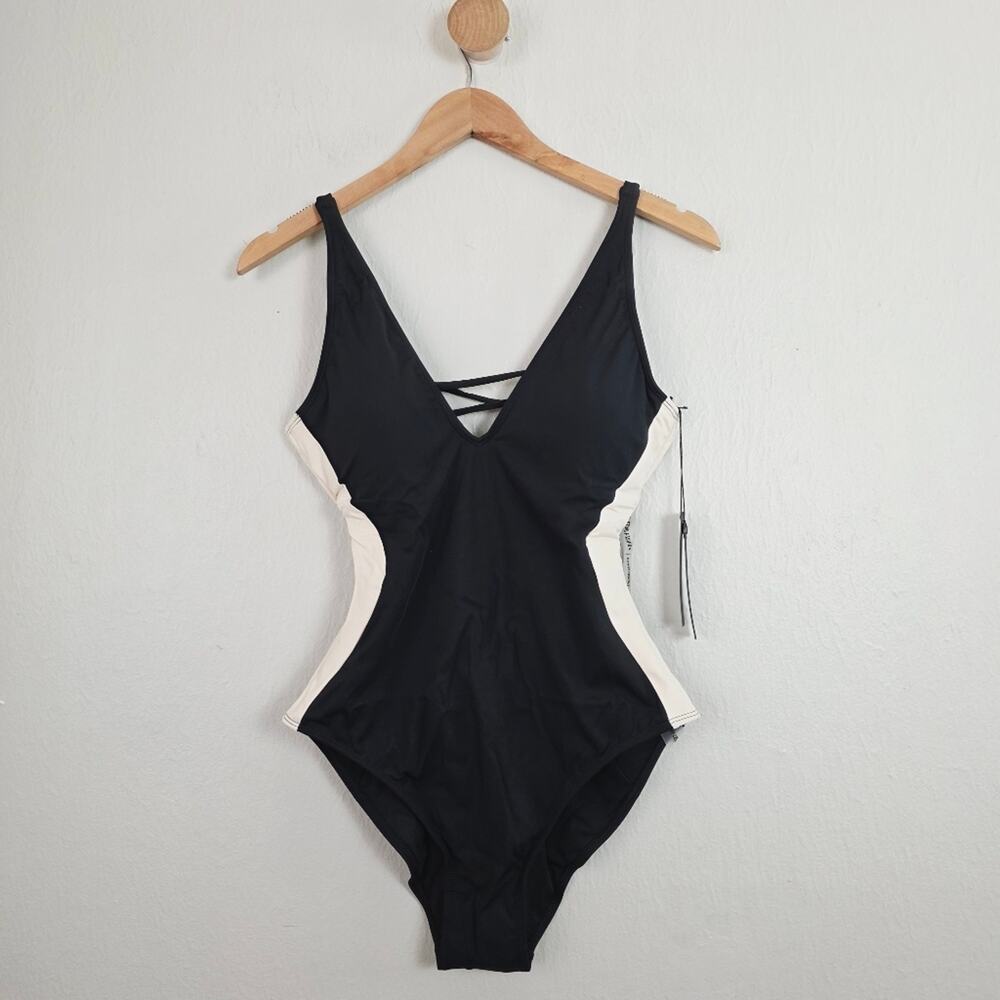 TA3 Plungey V-Neck Contour Black & Oat Shapewear One-Piece Swimsuit NWT XL